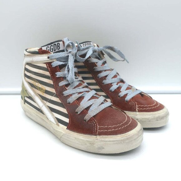 Golden Goose Slide Striped High Top Sneakers Burgundy Suede Size 36 - Picture 1 of 11